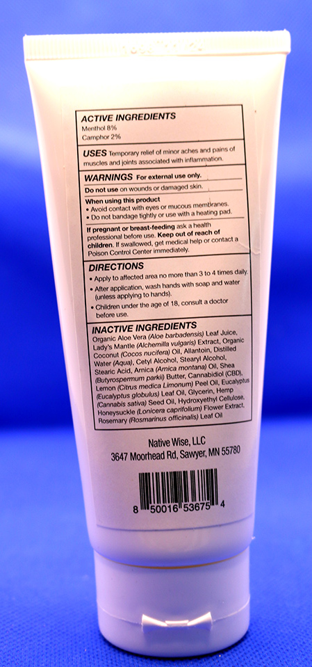 Back of bottle of CBD pain relief lotion